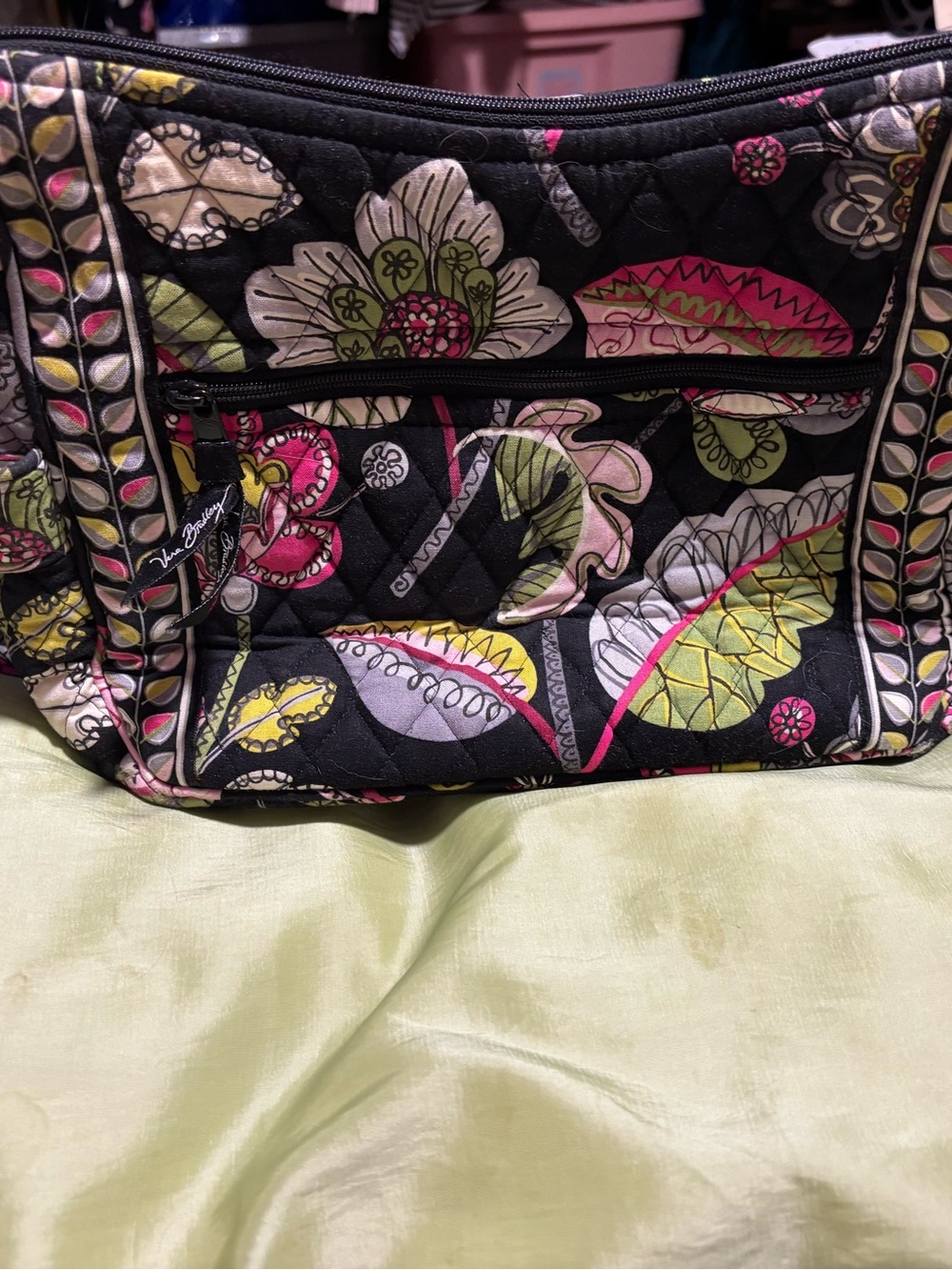 Vera Bradley Black Quilted Tote with Pink, Green & Cream Floral Print